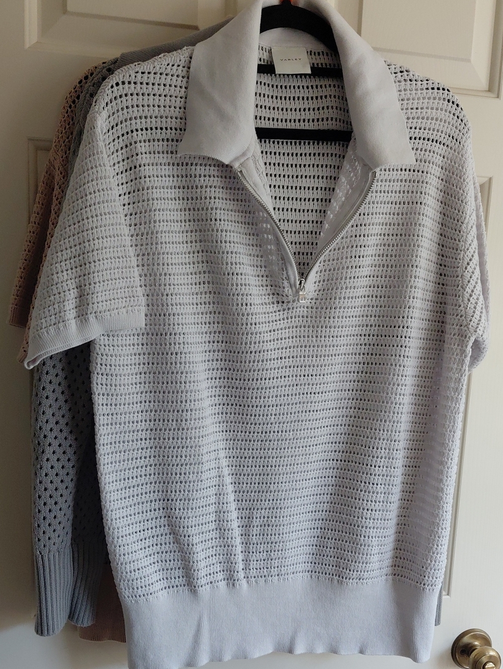 Varley Light Gray Open-Knit Polo Sweater